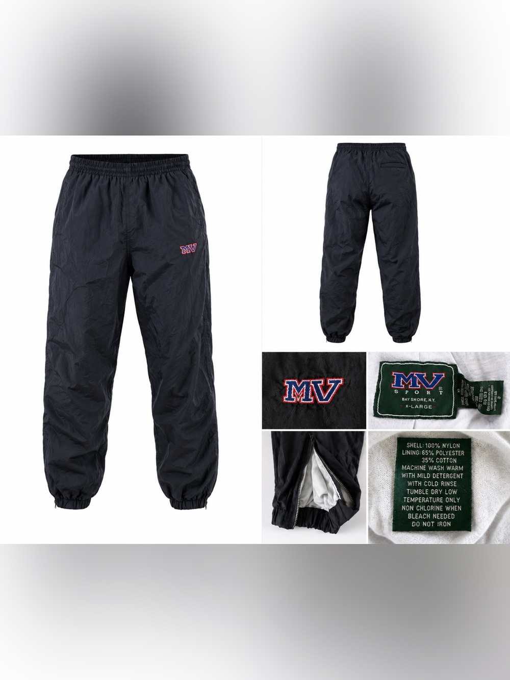 Vintage MV Sport Blue Nylon Windbreaker Track Pants Lined Ankle Zip Men’s XL Y2K
